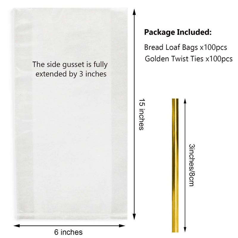 Morepack Bread Poly Bags,100 Pieces 15x3x6 Inches Bread Loaf Packing Bags with 100 Twist Ties,Clear Thick Gusseted Grocery Bakery Bag (Medium-6x3x15) - Image 2